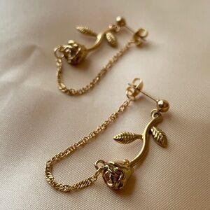 Gold-tone Rose Chain Drop Stud Earrings
